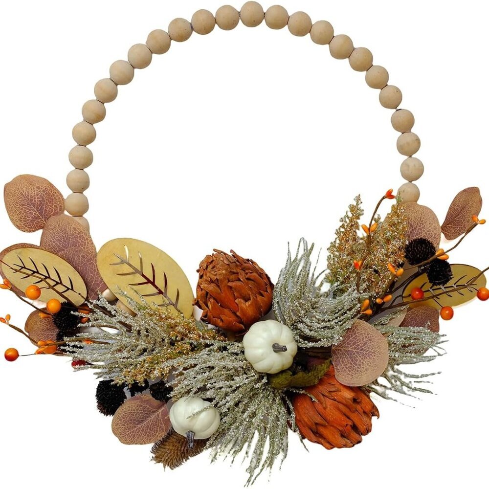 16" Artificial Fall Wooden Beads Wreath with Leaves, Chrysanthemums & Mini Pumpk